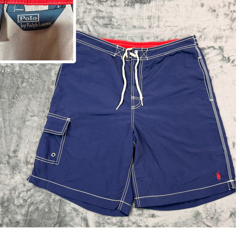 Vintage Polo Ralph Lauren Swim Trunks Mens M Navy Blue Red Pony Mesh Lined Short